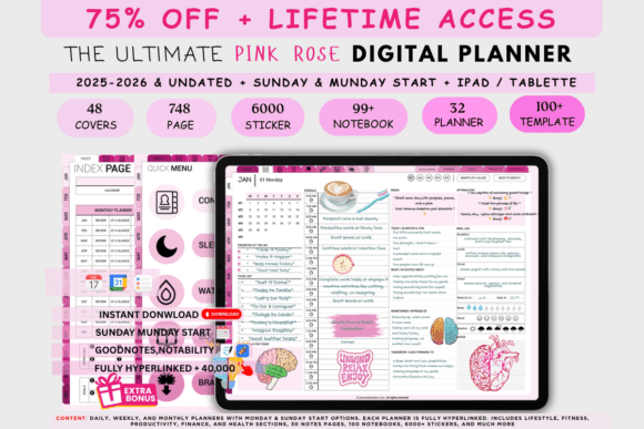 Download Ultimate Pink Rose ADHD Digital Planner Bundle - Digital planner bundle Collection